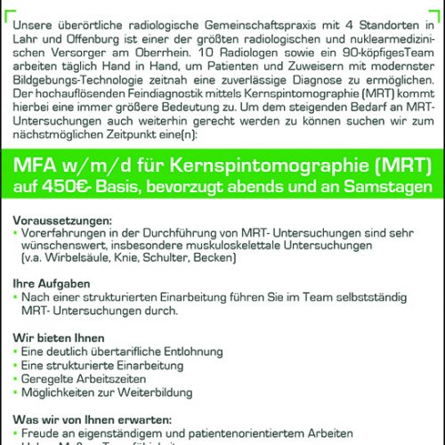MFA (w/m/d) für Kernspintomographie (MRT) auf 450€- Basis abends und an Samstagen gesucht!